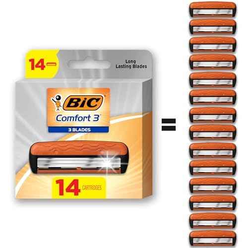 BIC Comfort 3 Refillable Refill Razor Cartridges, Three-Blade Disposable Razors for Men, Sensitive Skin Razor for a Comfortable Shave, 14 Razor Refill Cartridges