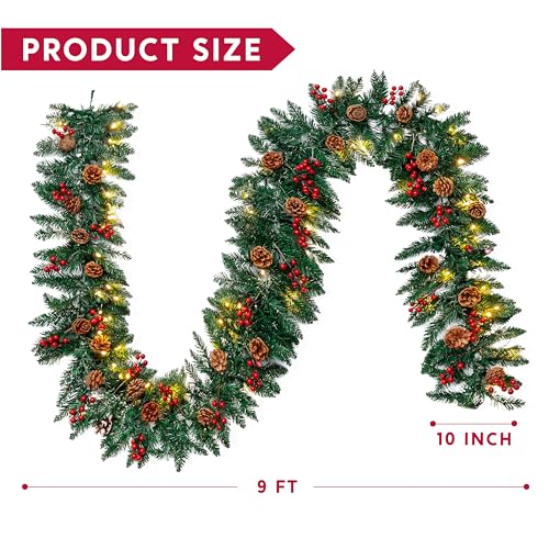 Joiedomi 9Ft Artificial Christmas Garland Prelit with 100 LED Lights, 27 Pine Cones, 27 Red Berries for Home & Office Christmas Decorations (Battery Powered, Batteries not Included)