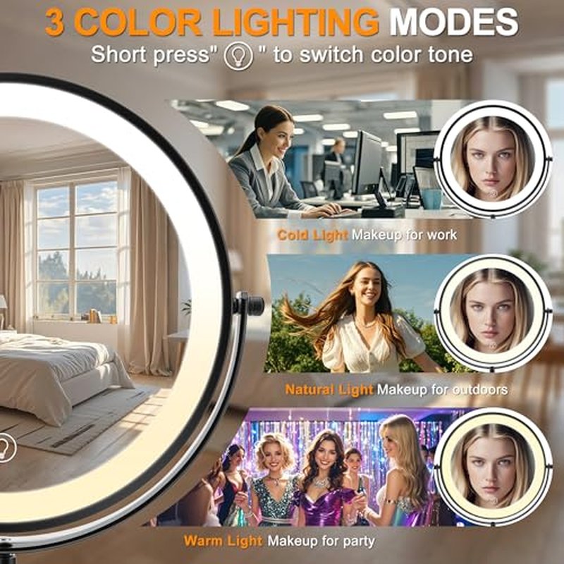 8.7" Large Lighted Makeup Mirror, 1X/10X Magnifying Mirror with 3 Color Dimmable Lights, Double Sided Vanity Mirror, Height Adjustable, 360¡Æ Swivel Cosmetic Mirror for Women Girl(Black)