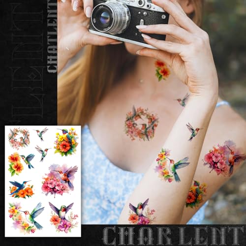 Watercolor Hummingbird Temporary Tattoos for Women - 9 Large Sheets Hummingbird Tattoo with Flowers, Waterproof Fake Body Art Birds Tattoo Stickers