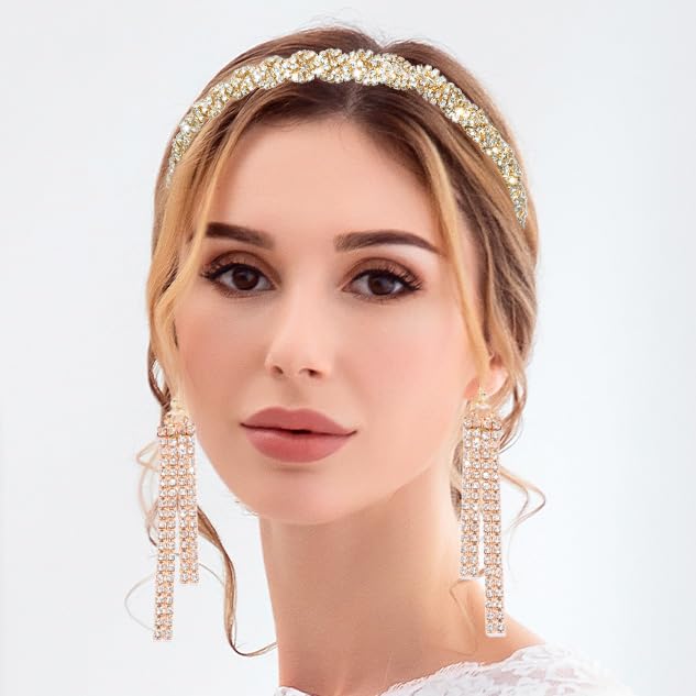 Barode Braided Rhinestones Headband Earrings Gold Crystal Hairbands Eardrop Sparkle Head Chain Tassel Jewelry Set for Women (White, Free Size)