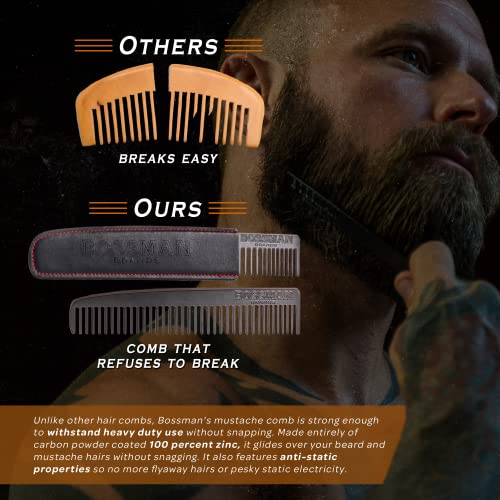 Bossman Metal Grooming Comb for Men - Mustache and Beard Styling Tool with Leather Pocket Case (Black)