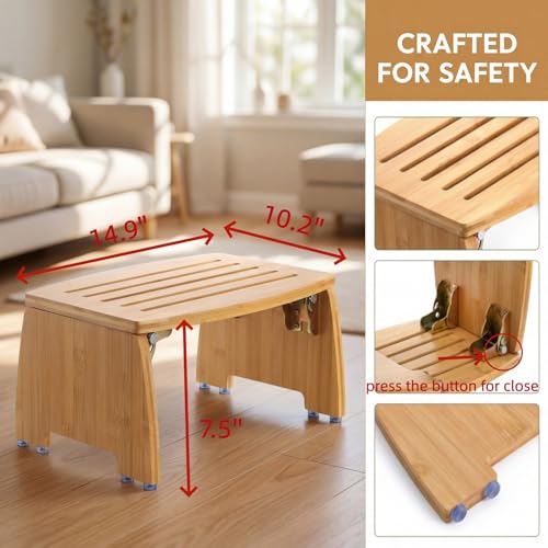 Bamboo Folding Step Stool - Non-Slip, 300lbs Capacity