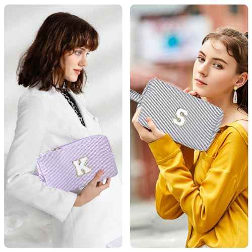 Personalized Initial Makeup Bag A-Z, Travel Toiletry Bag Preppy Make Up Bag Cosmetic Pouch Makeup Organizer for Women Birthday Christmas Gifts for Teen Girls Trendy Stuff (Purple, C)