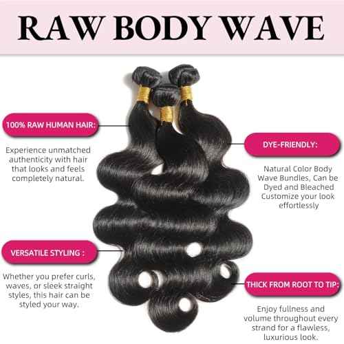 12A Human Hair Bundles Body Wave Bundles Human Hair 12 14 16 Inch 100% Unprocessed Brazilian Virgin Raw Weave 3 Bundles Real Natural Black Wavy Human Hair Extensions