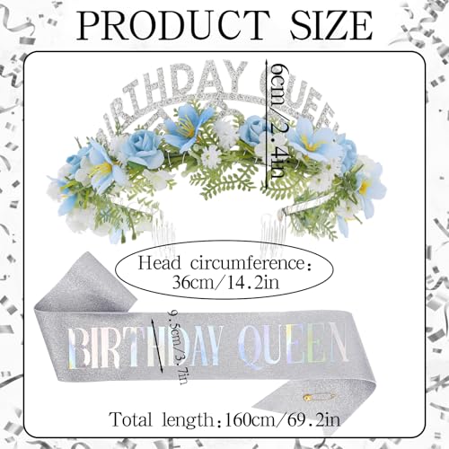 Flower Birthday Queen Crown and Sash Set - Silver Tiara for Celebrations