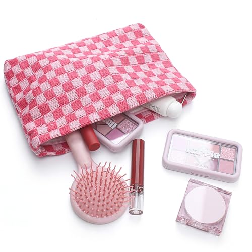 4Pcs Pink Checkered Makeup Bags Large Capacity Storage