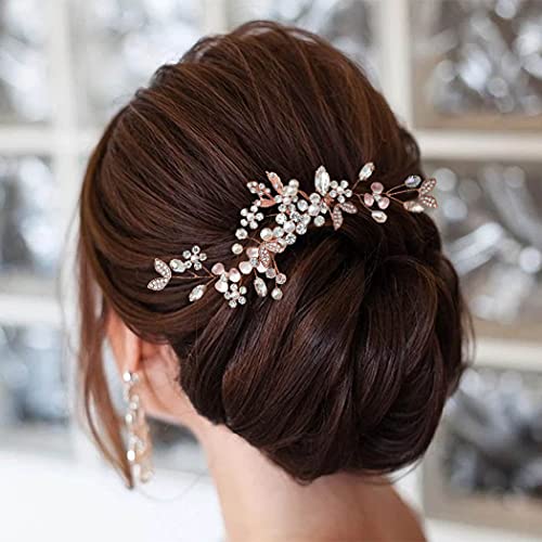 Casdre Crystal Bride Wedding Hair Comb Rhinestone Bridal Hair Piece Flower Hair Accessories for Women and Girls (A Rose Gold)