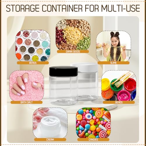 Meanplan 100 Pcs 4 oz Plastic Container Jars Clear Round Cosmetic Container with Lids, Plastic Jars with Screw Lids for Travel Storage, Kitchen Use, DIY Crafts(Black, White, PP)