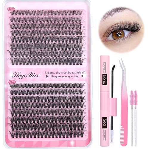 DIY Lash Extension Kit 320pcs Lash Clusters Kit D Curl Eyelash Extension Kit 30D+40D Individual Lashes 9-16mm Wispy Eyelashes Extension Kit with Lash Bond and Seal and Lash Tweezers by HeyAlice