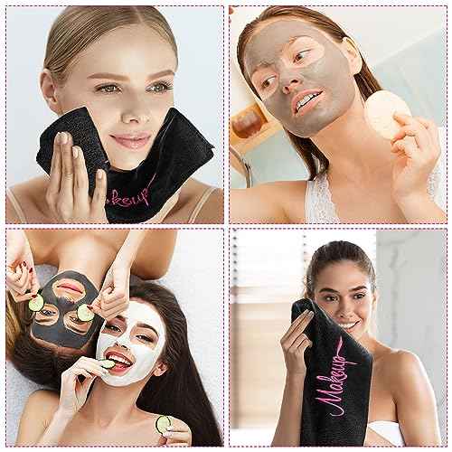 Preboun 96 Pack Makeup Remover Cloths, 13 x 13 Inch Makeup Towels Bulk Soft Microfiber Face Towels Reusable Makeup Washcloths with Makeup Embroidery for Women Skin (Black)