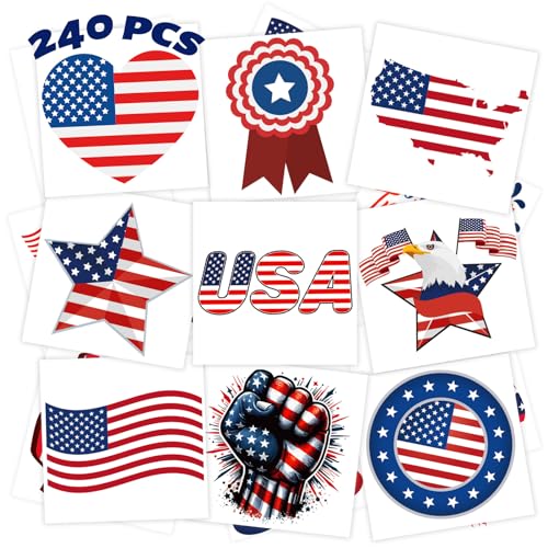 240 Pcs 4th of July Temporary Tattoos for Kids - Waterproof, Safe