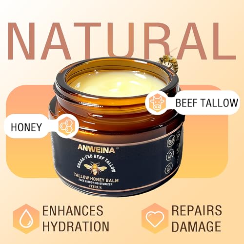 Organic Grass-Fed Tallow Honey Balm, Beef-Tallow for Skin Whipped Beef Tallow and HoneyBalm with Raw Honey - Natural Beef Tallow Face Moisturizer for Body & Face (2 Oz)