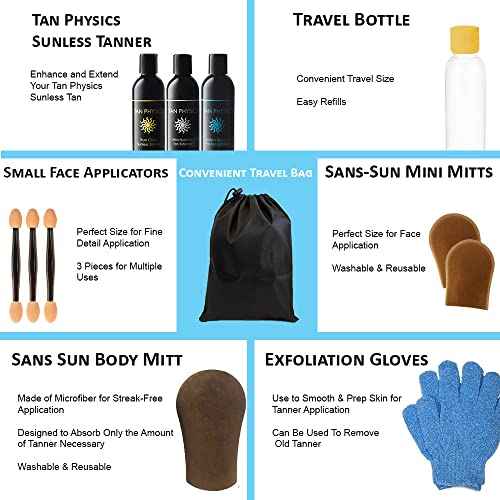 Tan Physics Self Tanner ? 13pc Sunless Tanning Kit with True Color Tanner, Pre-Tan Exfoliator & Tan Extender ? Includes Face & Body Mitts, Exfoliation Glove, Detail Applicator, Travel Bag & Bottle
