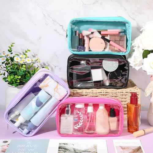 Hushee 4 Pcs Clear Nylon Makeup Bag for Women Gifts Preppy Cosmetic Bag PVC Travel Toiletry Zipper Pouch Waterproof Storage Organizer Pouch for Women(Small)