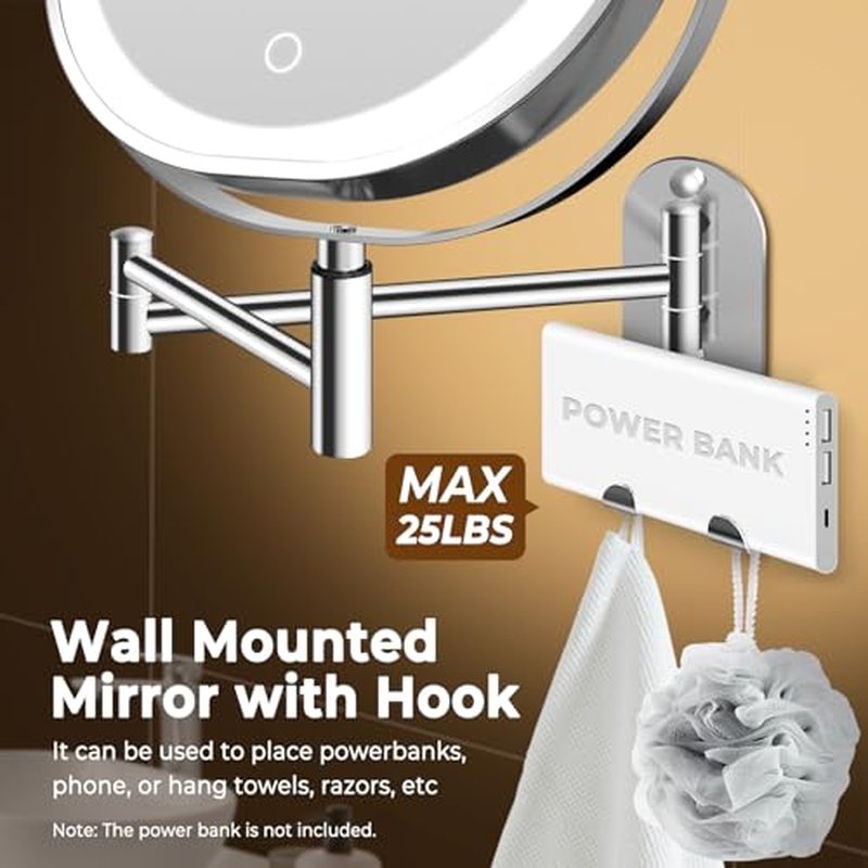 9" Wall Mounted Lighted Makeup Mirror, 3000mAh Rechargeable Double Sided 1X/10X Magnifying Mirror with Hook, 3 Color Lights Dimmable 360¡Æ Rotation Vanity Mirror for Bathroom