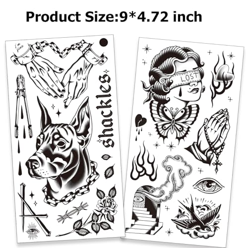 Tazimi 12 Sheets Large Black Old School Temporary Tattoos for Women Men& Adult, Traditional American Retro Styles Half Arm/DIY Free Combination Waterproof Classic Fake Tattoos Tattoo