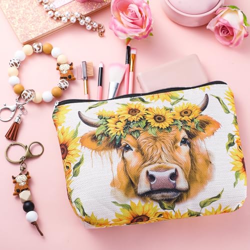 Graduation Highland Cow Gifts Set Include Highland Cow Makeup Bag Stickers Cute Sunflower Butterfly Coffee Mug Keychain for Women Mothers Day Housewarming Party