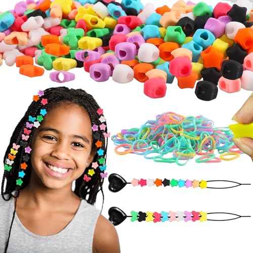 Waldeinsamkeit 200 Silicone Hair Beads Set 5mm Butterfly Star Hair Beads 10 Colors for Girls Braids 2 Plastic Quick Beaders 100 Elastic Rubber Bands Soft Micro Silicone Hair Beads for Braids