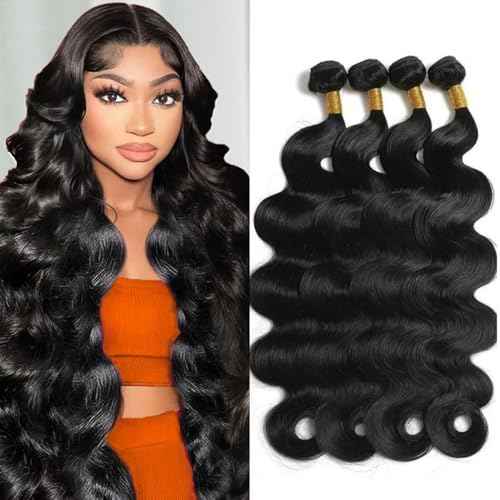 12A Human Hair Bundles Body Wave 4 Bundles Human Hair 20 22 24 26 Inch 100£¥ Unprocessed Brazilian Virgin Hair Quick Weave Wavy Human Hair Extensions for Women Natural Black