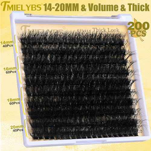 Thick Lash Clusters Kit 14-20mm Volume Cluster Eyelash Extensions D Curly 200D Individual Lashes 200Pcs Wispy Eyelashes Clusters Kit with Bond&Seal, Tweezers, Waterproof Soft DIY at Home, by TMIELYBS