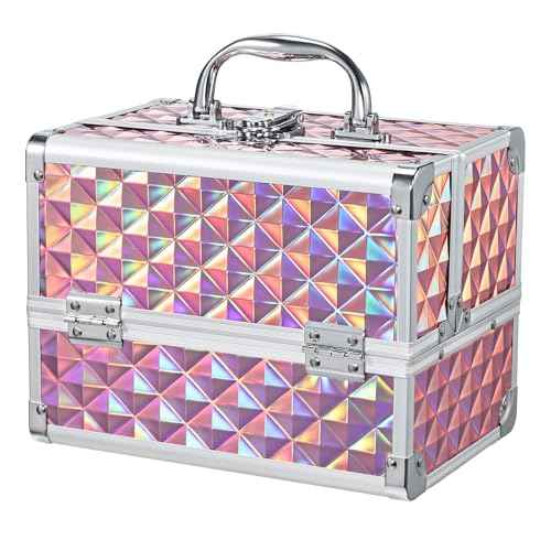 Makeup Case with Lighted Mirror Travel Makeup Organizer Box 2 Trays Lockable Cosmetic Train Case with Movable LED Mirror for Girls Make Up Nail Kits Sewing Vanity Storage Case Shiny Pink