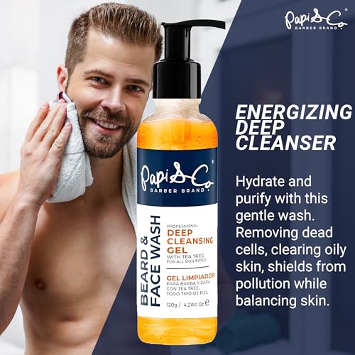 PAPI & CO. - Men's Beard & Face Wash - Deep Cleansing Gel Facial Cleanser - Hydrating Purifying Exfoliating Beard Wash - Moisturizing Conditioner for Itching Relief - Sulfate & Paraben- Free - 4.2 oz