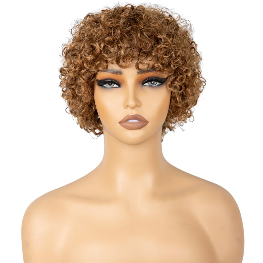 BEOTTI Short Curly Human Hair Wigs with Bangs Pixie Cut Wig Human Hair Afro Curly Wig Human Hair 6 Inch Full Machine Glueless Wigs Human Hair (30#, 6 Inch)