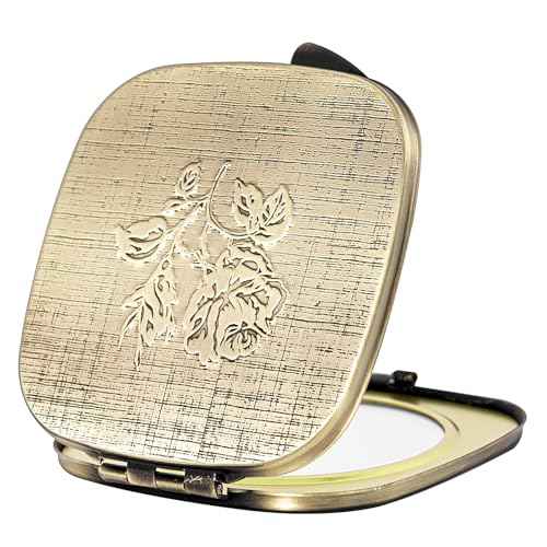 Travel Small Compact 1X/2X Mirror - Handheld, Foldable, Lightweight - Mini Pocket Magnifier for Wallet - Square 3.0 inches x 2.8 inches (Ancient Bronze)