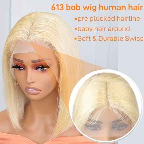 SKYDO 613 Blonde Bob Wig Human Hair 13x4 HD Lace Front Wigs Human Hair Pre Plucked Hairline with Baby Hair 180 Density Blonde Wig Human Hair Glueless Bob Wigs for Women 14inch