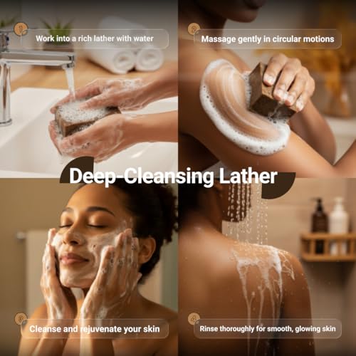 Nubiana Raw African Black Soap Bar 8oz - 100% Authentic from Ghana | Handmade Unrefined Shea Butter Soap with Cocoa Pod Ash | Deep Cleansing Face Wash Bar & Body Wash - No Added Scent