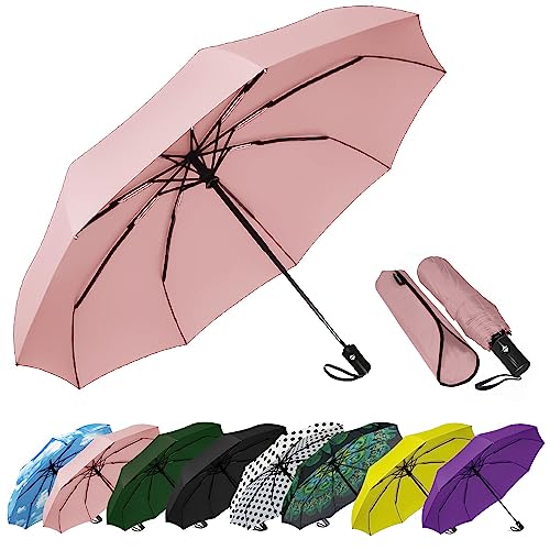 SIEPASA Windproof Travel Compact Umbrella-Automatic Umbrellas for Rain-Compact Folding Umbrella, Travel Umbrella Compact, Small Portable Windproof Umbrellas for Men Women Teenage.(Pink)