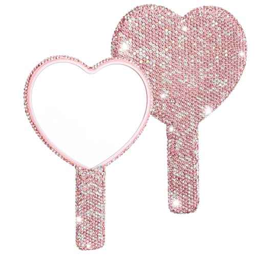 Framendino, 1 Pack Rhinestone Handheld Mirror Heart Bling Glitter Cosmetic Dazzling Portable Hand with Handle for Women (Pink)