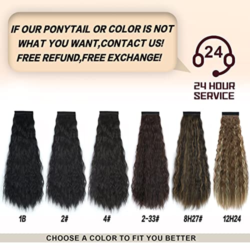 Stamped Glorious Long Corn Wave Ponytail Extension Magic Paste Heat Resistant Wavy Synthetic Wrap Around Ponytail Black Hairpiece for Women (22 Inch, 22 Inch-Black)