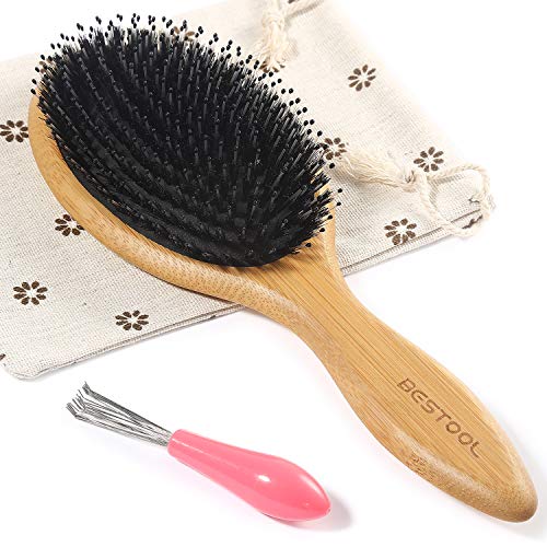 Boar Bristle Hair Brush with Bamboo Paddle & Massage Cushion