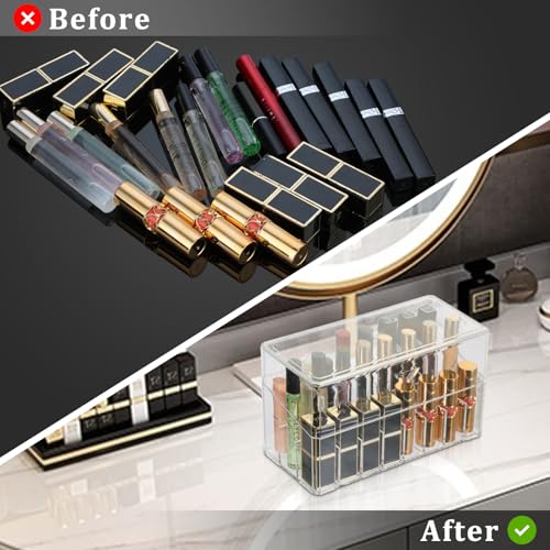 ELLDOO Rollerball Perfume Organizer, 24 Spaces Clear Acrylic Perfume Storage Holder Beauty Scent Holder, Makeup Lipgloss Lipstick Display Case with Lid