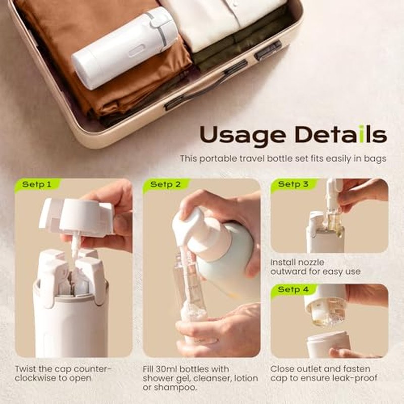 4-in-1 Travel Dispenser Bottle, Leak-Proof Refillable Toiletry Container