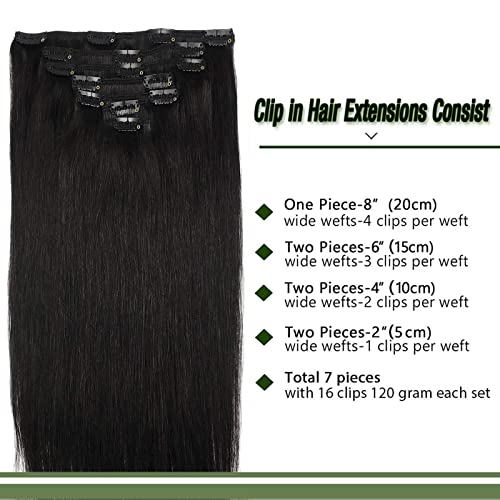 GOO GOO Clip-in Hair Extensions for Women, Soft & Natural, Handmade Real Human Hair Extensions, Natural black, Long, Straight #1b, 7pcs 120g 18 inches