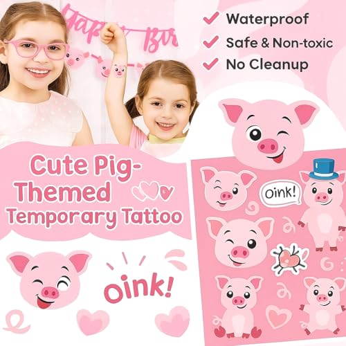 96PCS Cute Pig Pre-Cut Temporary Tattoos Themed Barnyard Birthday Party Decorations Supplies Favors Decor Funny Pink Little Piggy Farm Animals Tattoo Stickers Gifts For Kids Boys Girls School Carnival