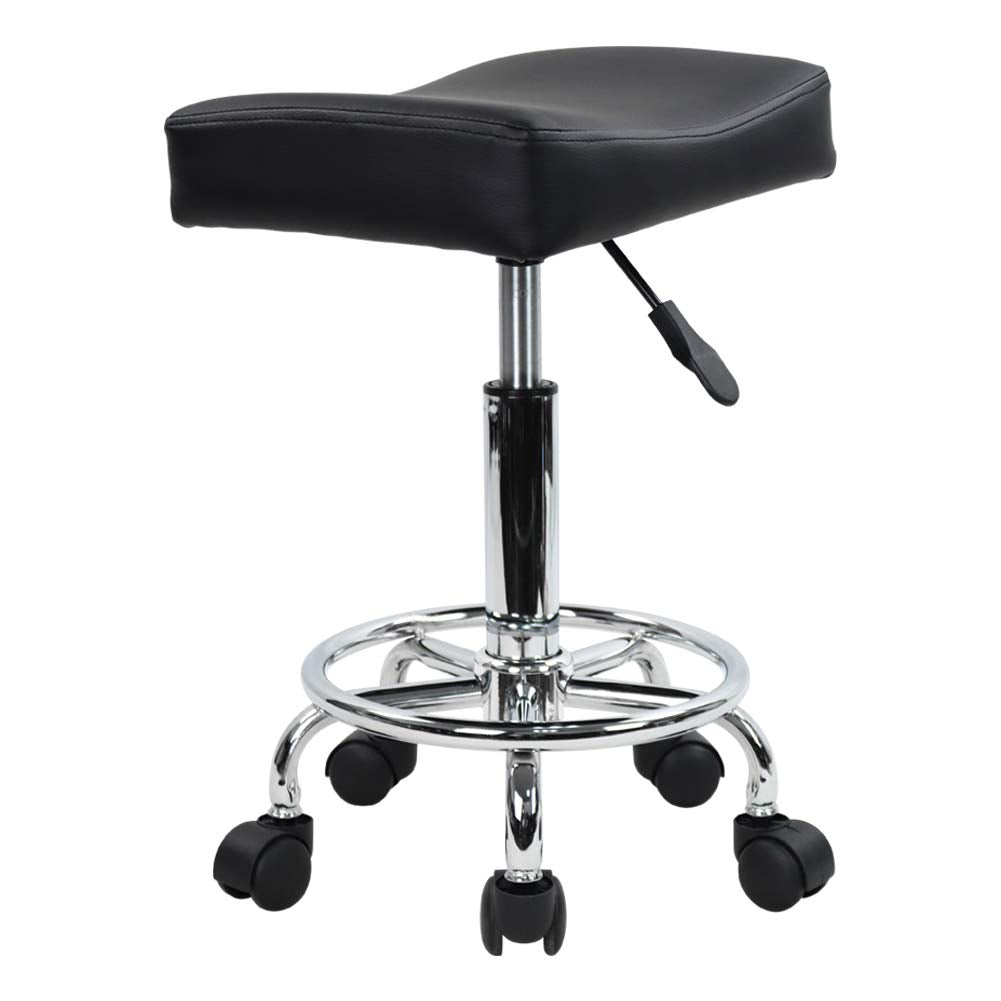 KKTONER Square Rolling Stool PU Leather Height Adjustable Swivel Massage SPA Salon Stools Task Chair with footrest (Black)