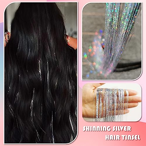 Silver Hair Tinsel Kit 48 Inches 1200 Strands with Tools and Instruction Easy to Install Fairy Glitter Tinsel Hair Extensions for Women and Girls，Shinny Sparkling Braiding Hair Accessories for Halloween Cosplay Party