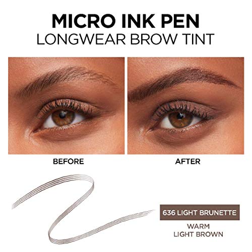 L'Oreal Paris Micro Ink Pen by Brow Stylist, Longwear Brow Tint, Hair-Like Effect, Up to 48HR Wear, Precision Comb Tip, Light Brunette, 0.033 fl; oz.