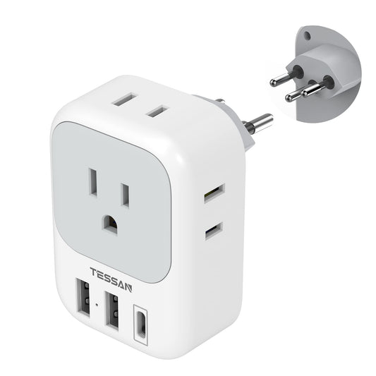 TESSAN Switzerland Power Adapter, Swiss Travel Adaptor with 4 American Outlets 3 USB Charger (1 USB C Port), Type J Plug for US to Switzerland Liechtenstein Rwanda