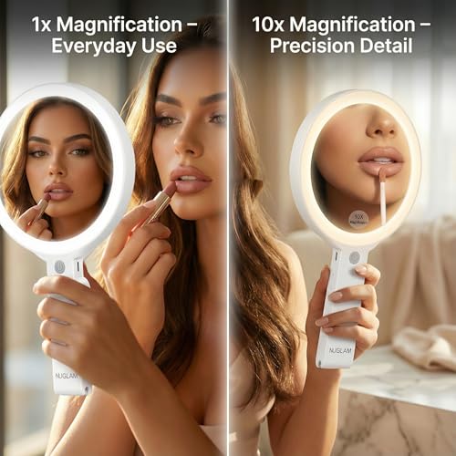 NJ GLAM LED Lighted Makeup Mirror 1X/10X Magnification with 3 Light Modes, Rechargeable Portable Vanity Mirror with Adjustable Stand