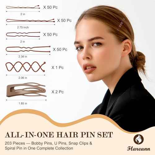 Bobby Pins Set Brown ? Hair Kit with U Shape Pins, Spiral Pin & Snap Clips, for Women & Girls, Ideal for Buns, Updos, Weddings & Parties