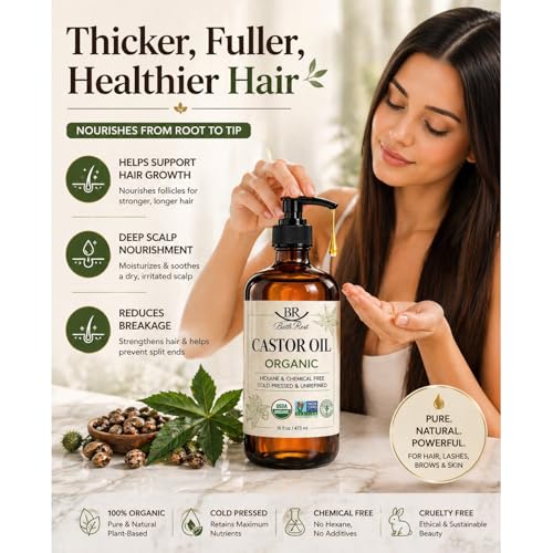 Bathrest Organic Castor Oil 16oz Cold Pressed Unrefined Vegan for Hair & Skin - Brown Bottle