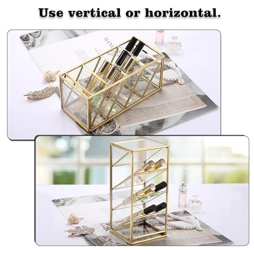 ELLDOO Rollerball Perfume Organizer, 4 Compartment Clear Glass Perfume Storage Holder Vintage Beauty Scent Holder, Metal Makeup Lipgloss Lipstick Display Case