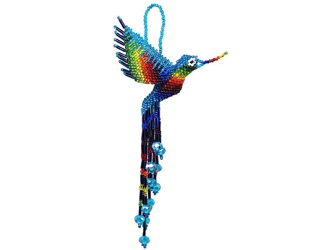 Hummingbird Hanging Figurine Ornament Czech Glass Seed Bead Fringe Tail Dangles - Handmade Gifts Spirit Animal Boho Accessories (Turquoise/Rainbow)