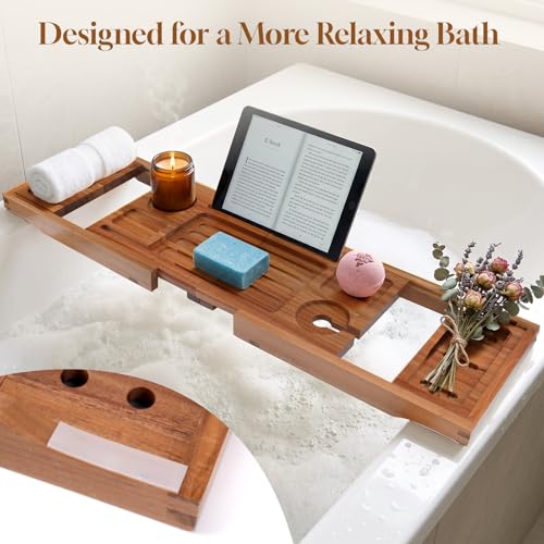 Foldable Acacia Wood Bathtub Tray, Extendable Bath Caddy 29.5"-42.5"