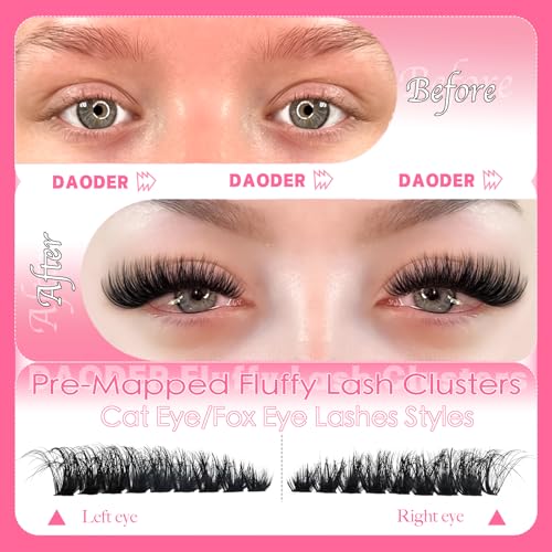 DAODER Fluff Lash Clusters Kit 80D Cat Eye Lash Extension Kit 8-16mm Wispy Eyelash Clusters Kit Volume Individual Lashes D Curl with Bond Seal Remover